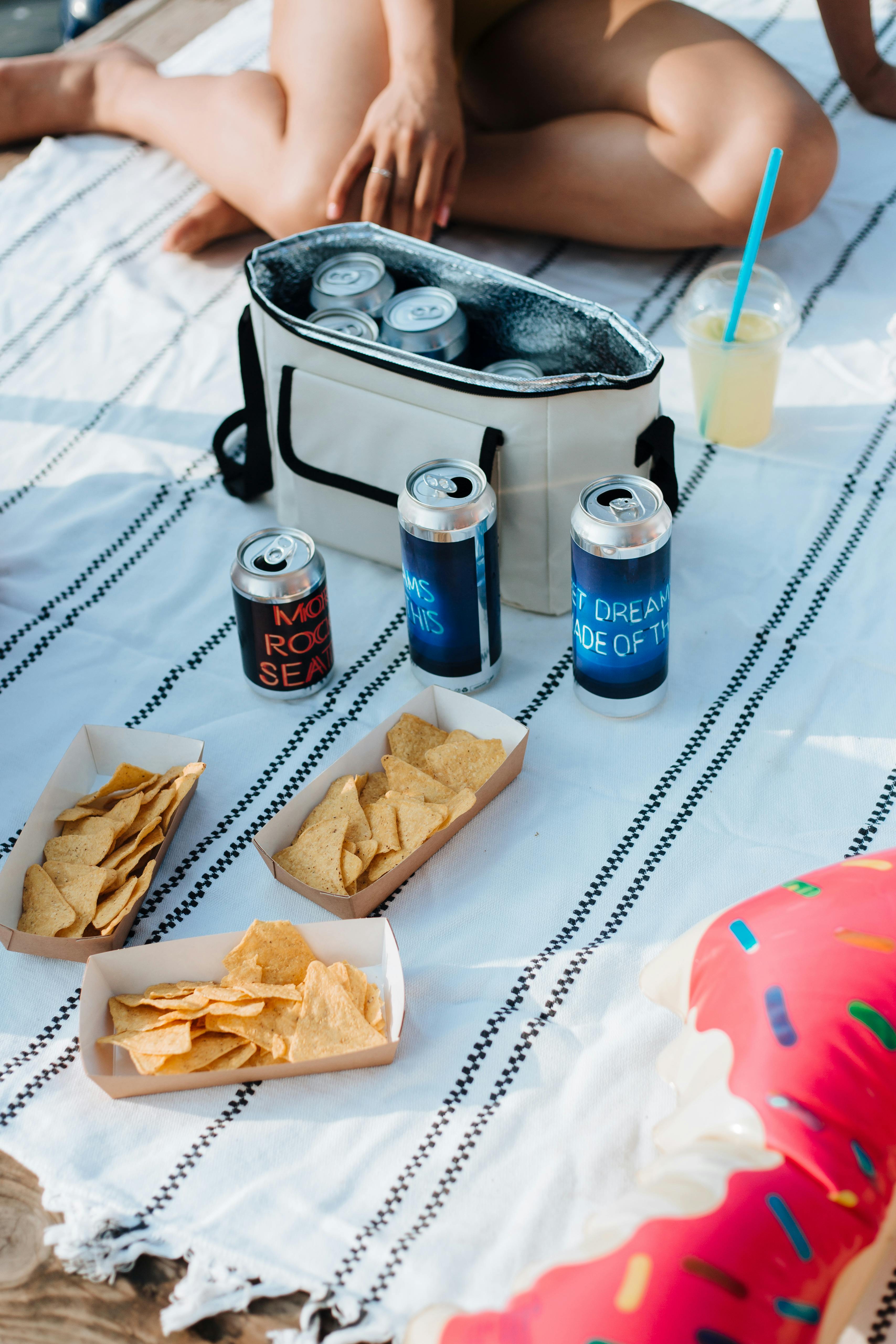 high angle view of food and drinks on picnic