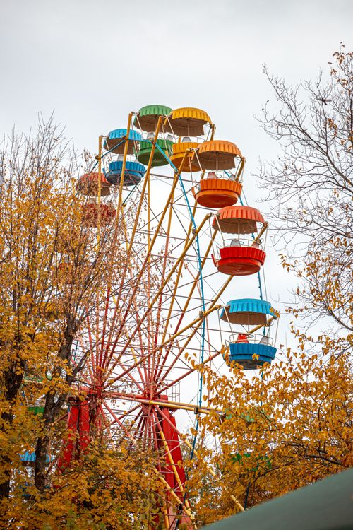 Free Colorful ferris wheel surrounded by vibrant autumn trees on a cloudy day. Stock Photo