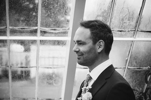 Black and White Picture of a Smiling Bridegroom 