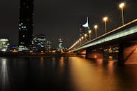 维也纳迷人的城市夜景中，灯光映照的建筑与桥梁倒映在河流中