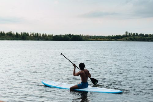 Free An adult man paddleboarding on a serene lake, enjoying the outdoor sport. Stock Photo