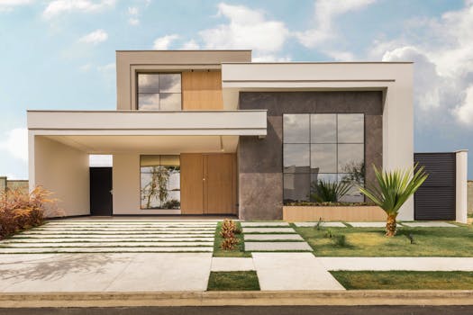 Contemporary house exterior with minimalist design, large windows, and landscaped front yard.
