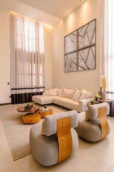 Beautiful modern living room with high ceilings and neutral decor, showcasing minimalist and cozy design.