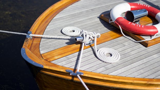 A close-up of a wooden yacht deck featuring ropes and lifebuoy, ideal for nautical themes.