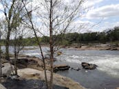 风景秀丽的河景中，岩石、树木在明亮的天空下漂流