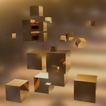 Digital art showcasing a 3D abstraction of golden floating cubes with a soft blurred background.