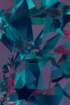 Dynamic abstract art with teal and red crystal shapes and geometric complexity.