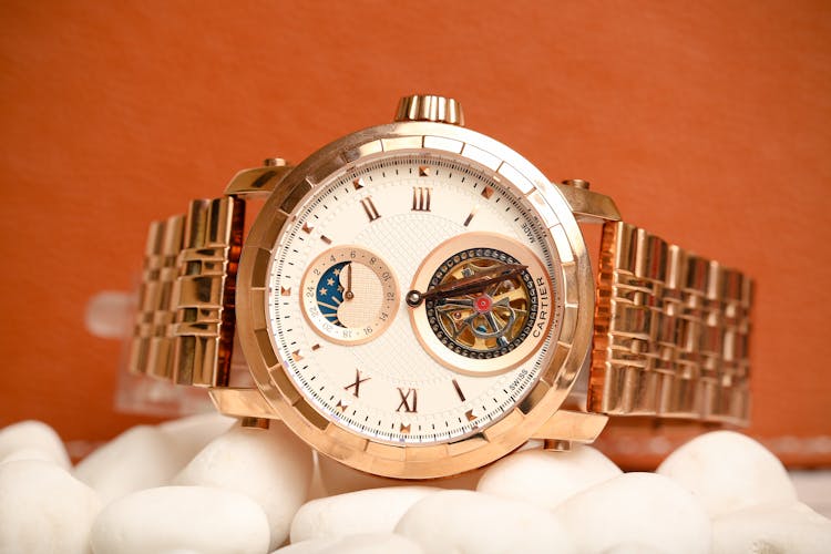 Cartier Brand Watch With Astrological Symbols And Copper Gold Bracelet