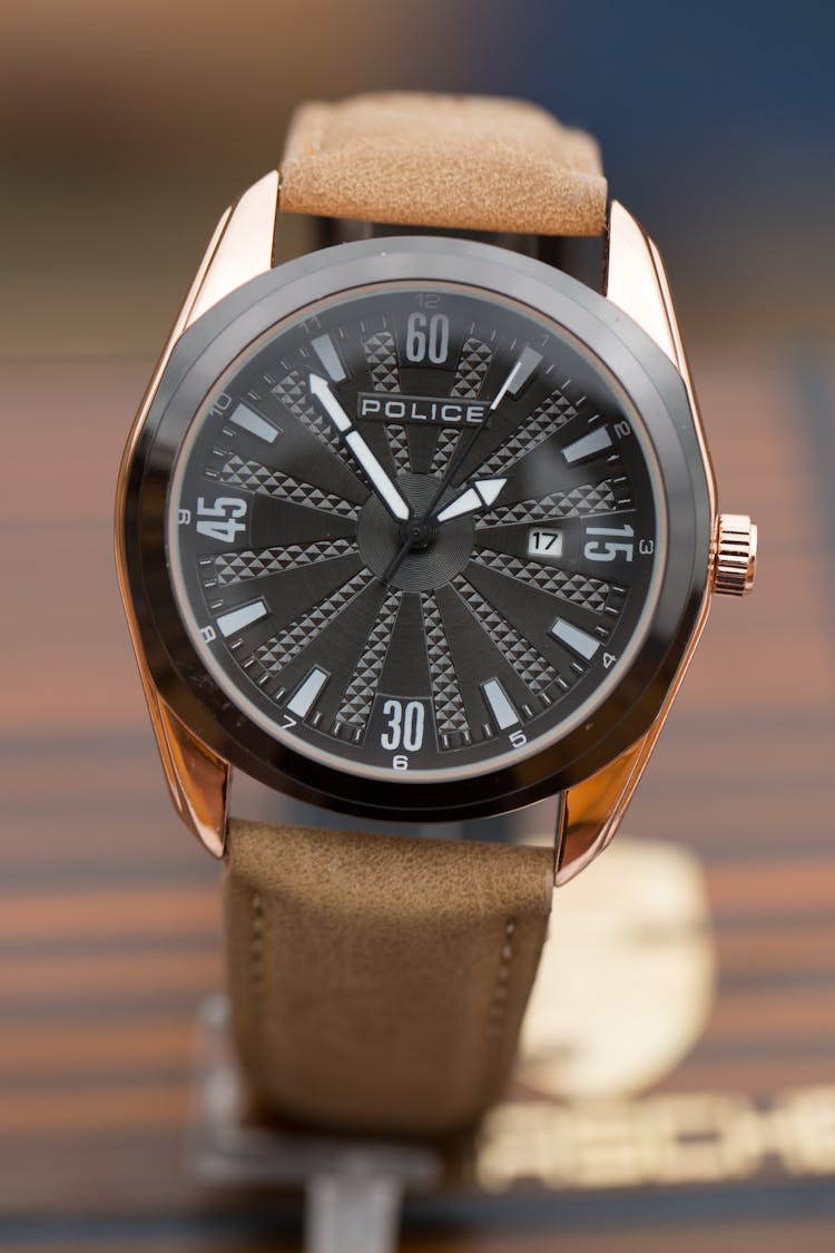 Police Brand Watch With Natural Leather Strap And Black Dial