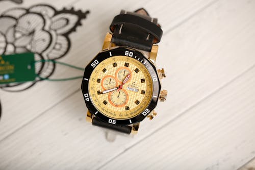 Chronograph Watch with Black Leather Strap