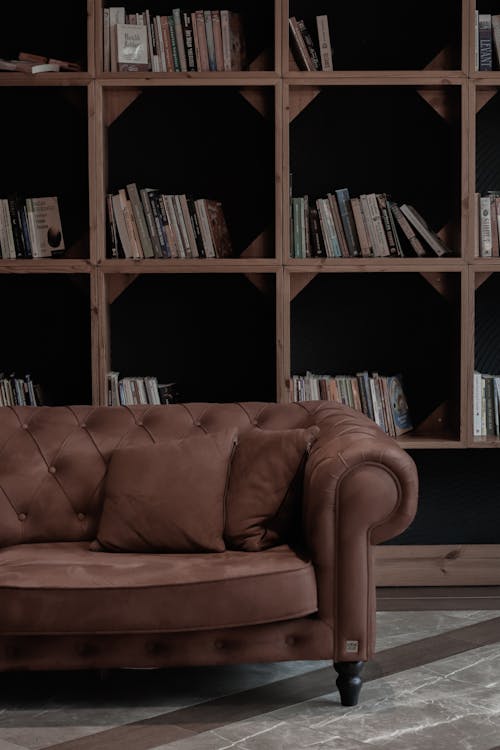 Photo of a Bookshelf and a Sofa 