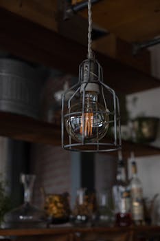 Close-up of a vintage lightbulb in a metal cage hanging indoors.