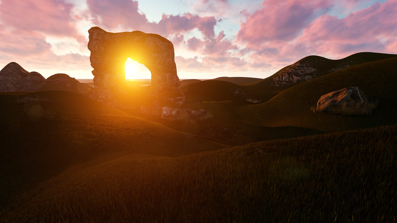 Stunning sunset view through a natural rock arch in a grassy landscape under a vibrant sky, by Arek Socha on Pexels
