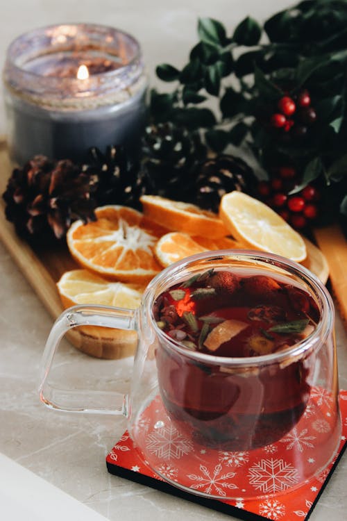 Close up on Tea Cup and Orange Slices on Tray