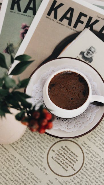 Turkish coffee served in a cozy setting with literature and greenery.