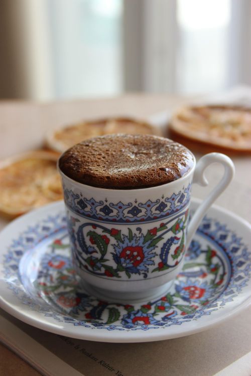 Free Close-up of Turkish coffee served in a decorative cup and saucer. Stock Photo