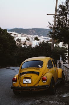 A classic yellow vintage car parked on a quiet street during wintertime, with scenic city backdrop.