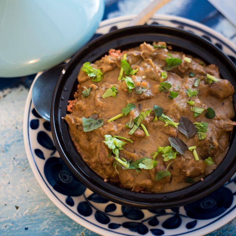 One-Pot Sourdough Moroccan Spiced Lentil and Roasted Beet Tagine with Bread