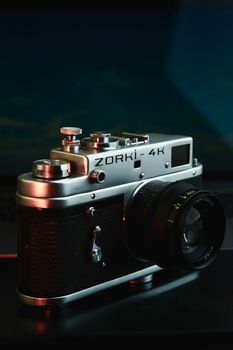 Close-up of a classic Zorki 4K rangefinder film camera with vintage design.