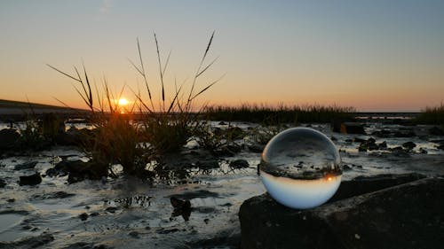 Kostnadsfri bild av glasskula, gyllene solnedgång, hav
