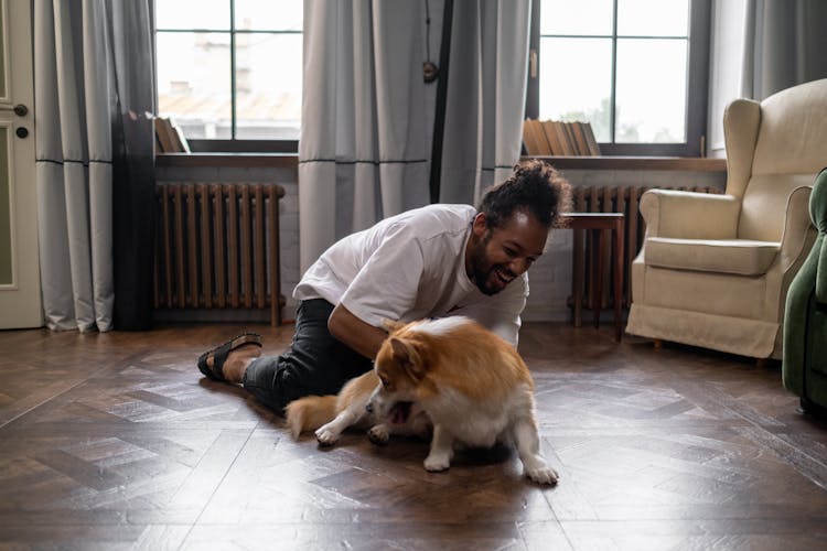 Man Playing With Dog On Floor