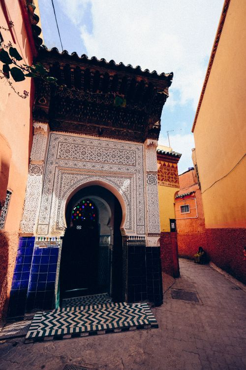 Free Traditional Moroccan architecture with vibrant colors in a Marrakech street. Stock Photo