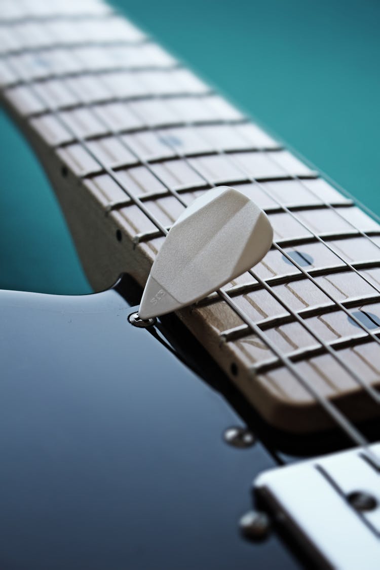 Guitar Pick Laying On Fret Board And Guitar Gear