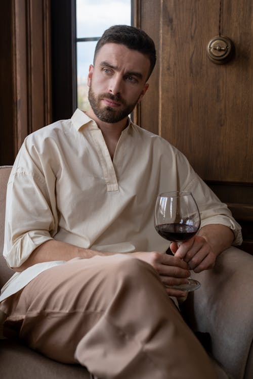 Free Bearded Man Drinking Red Wine Stock Photo