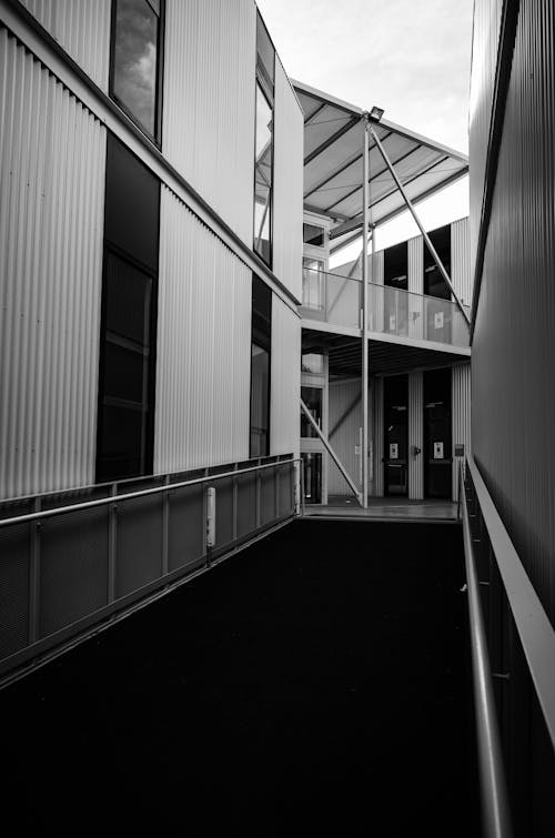 Grayscale Photo of a Building with Modern Architectural Design