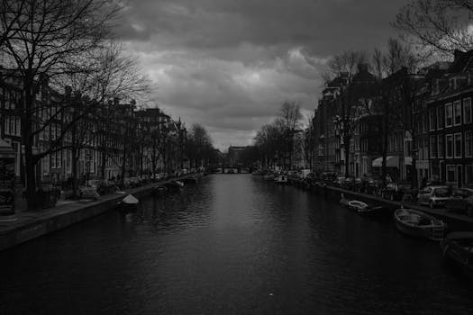 这张阿姆斯特丹运河的黑白照片令人惊叹，水面两旁矗立着历史建筑