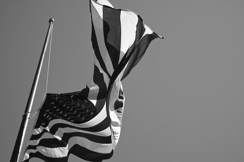 Free A black and white image of the American flag flowing against a clear sky on a flagpole. Stock Photo