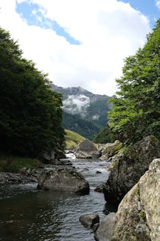 Photo by Enric Cruz López A serene mountain river flowing through lush greenery and rocky terrain.