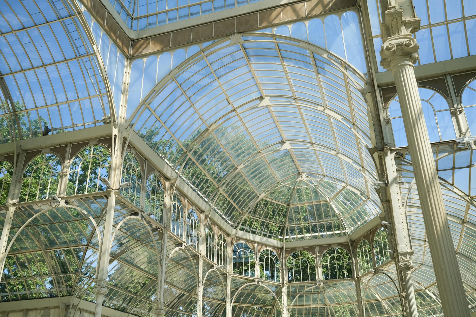 Stunning architectural photo of a glass conservatory showcasing intricate design and lush foliage.