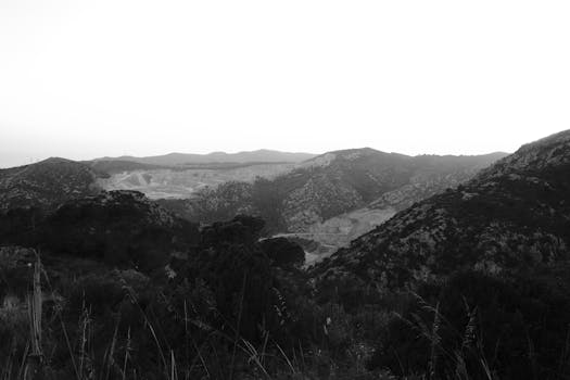 Monochrome landscape photograph capturing serene rolling hills in high contrast, perfect for nature enthusiasts.