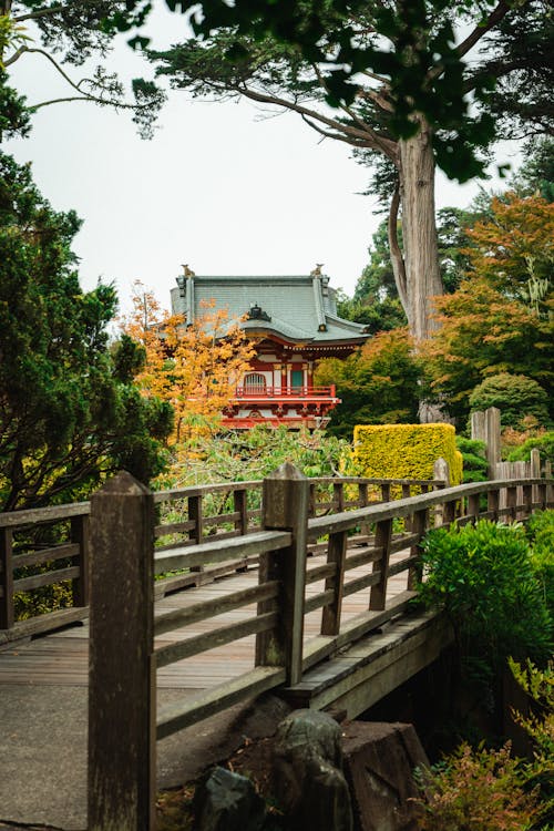 Shrine and Footbridge in Japanese Garden