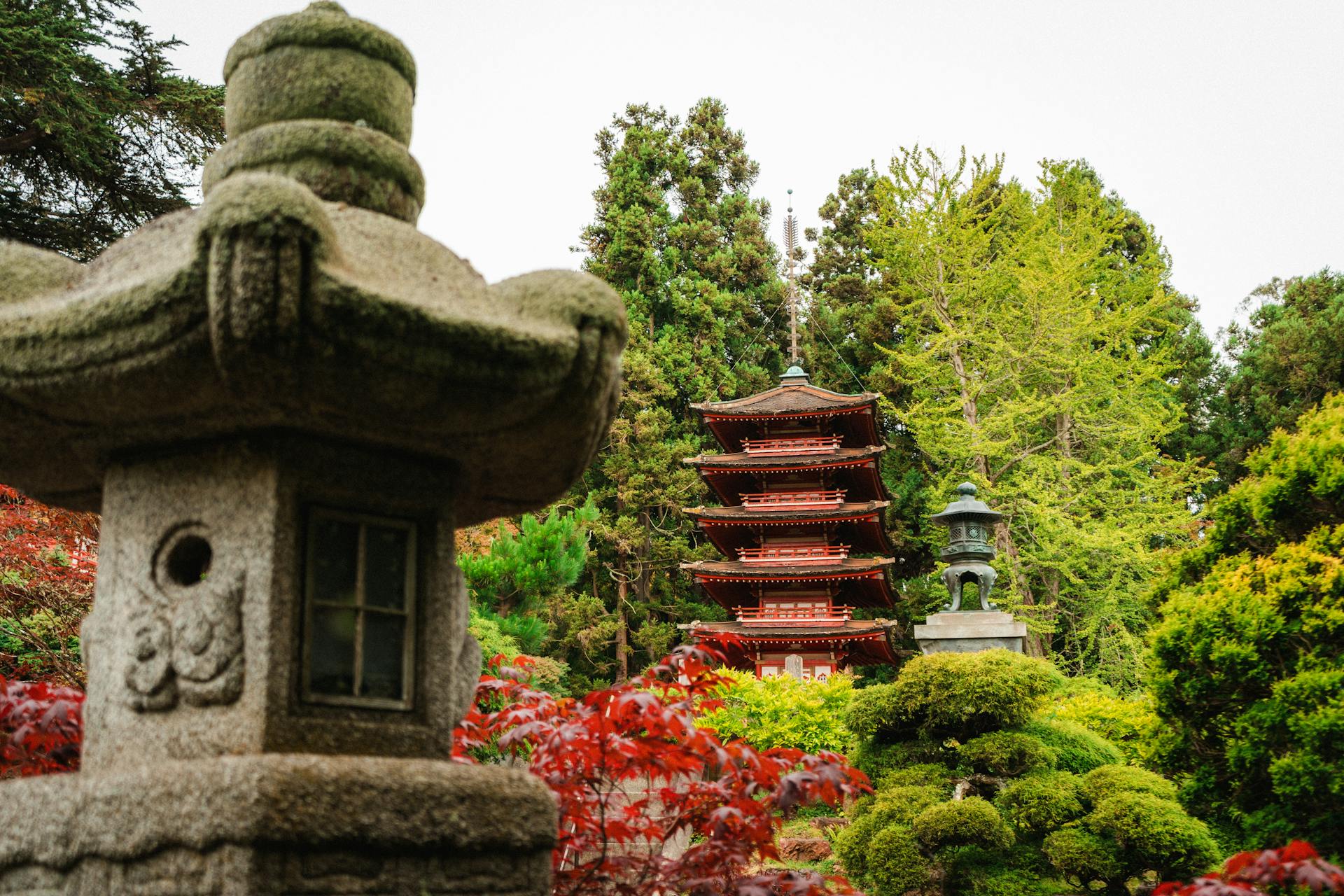 Pagoda and Stone Lantern in Japanese Garden