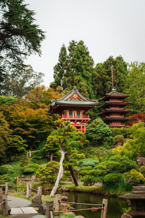 Free Pagoda and Pond in Japanese Garden Stock Photo