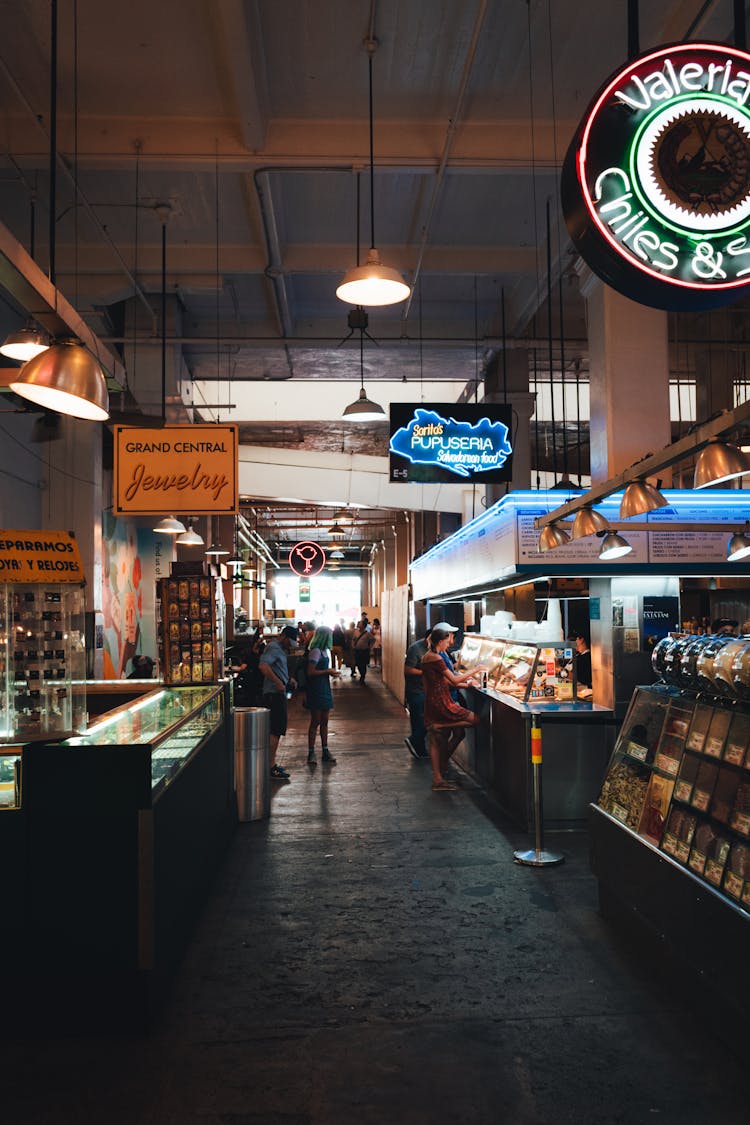 Market Interior With Neon Signs