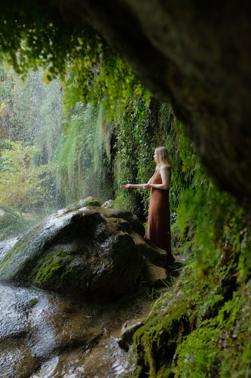 A Woman in a Brown Dress Standing Beside a Boulder