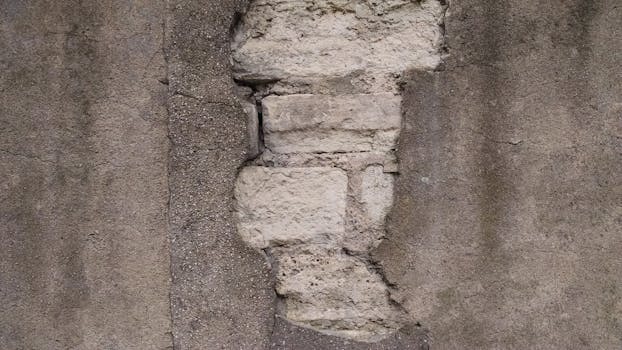 Detailed texture of a weathered concrete wall with exposed bricks.