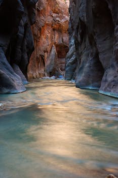 犹他州锡安国家公园狭窄峡谷中的水流景色令人惊叹