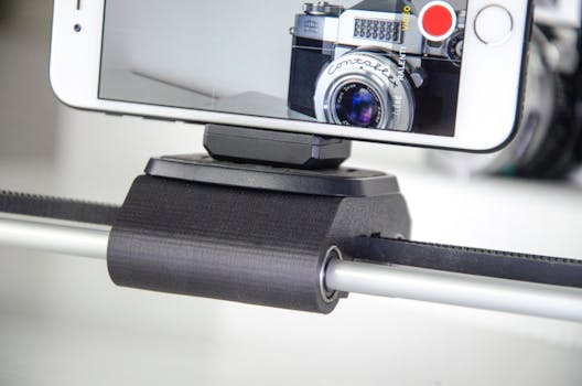 Smartphone capturing video on a slider with a vintage camera in view.