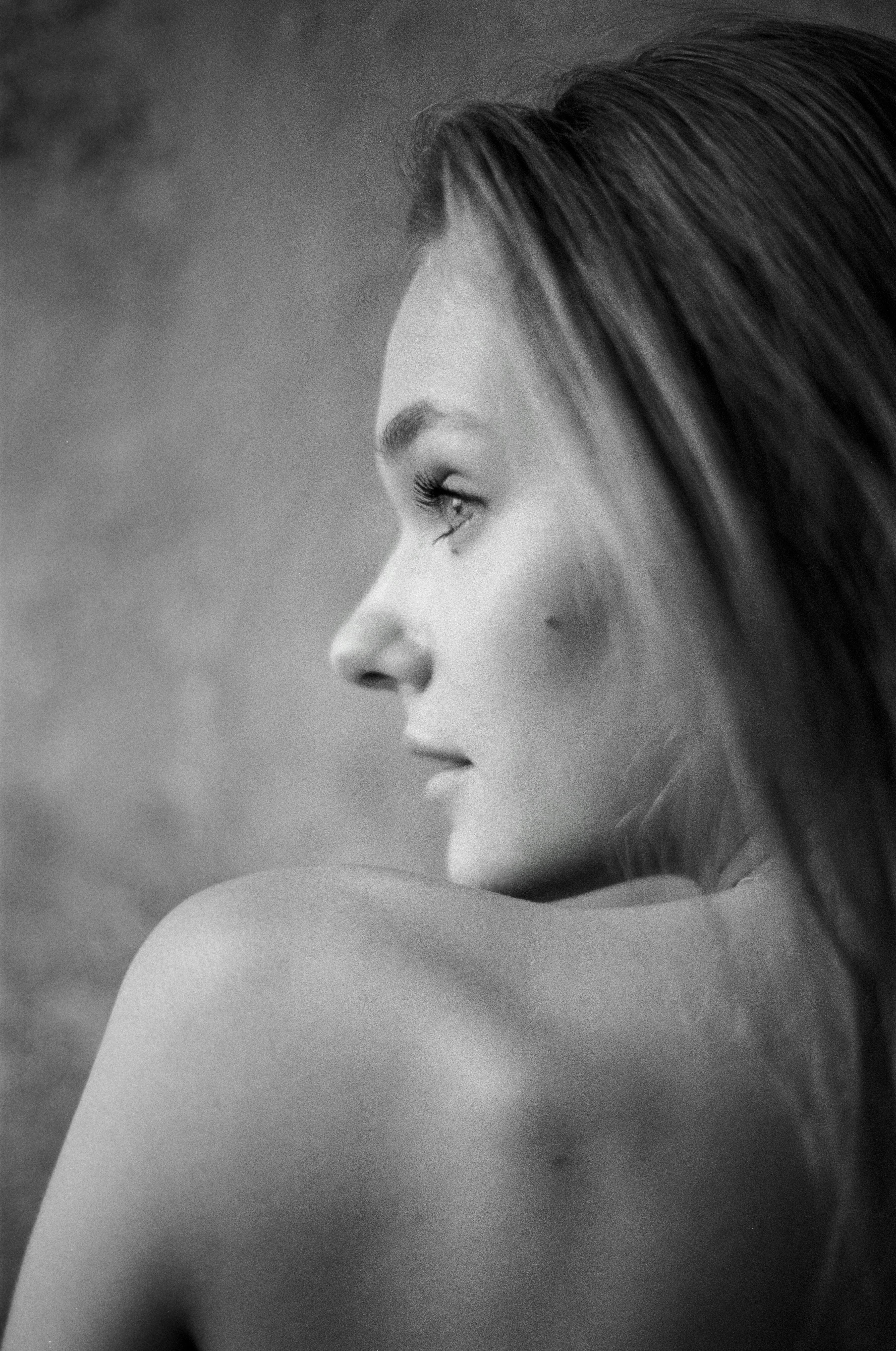 black and white profile view portrait of woman