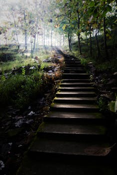 清晨的阳光照亮了森林小径的石阶，四周绿意盎然，一片宁静