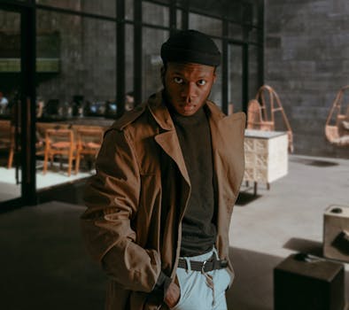 Fashionable young man in a trench coat posing at an outdoor café. Urban lifestyle and style.