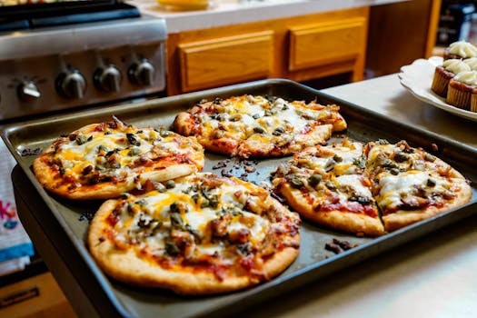 Freshly baked pizzas with melted cheese on a kitchen counter, ideal for foodies.
