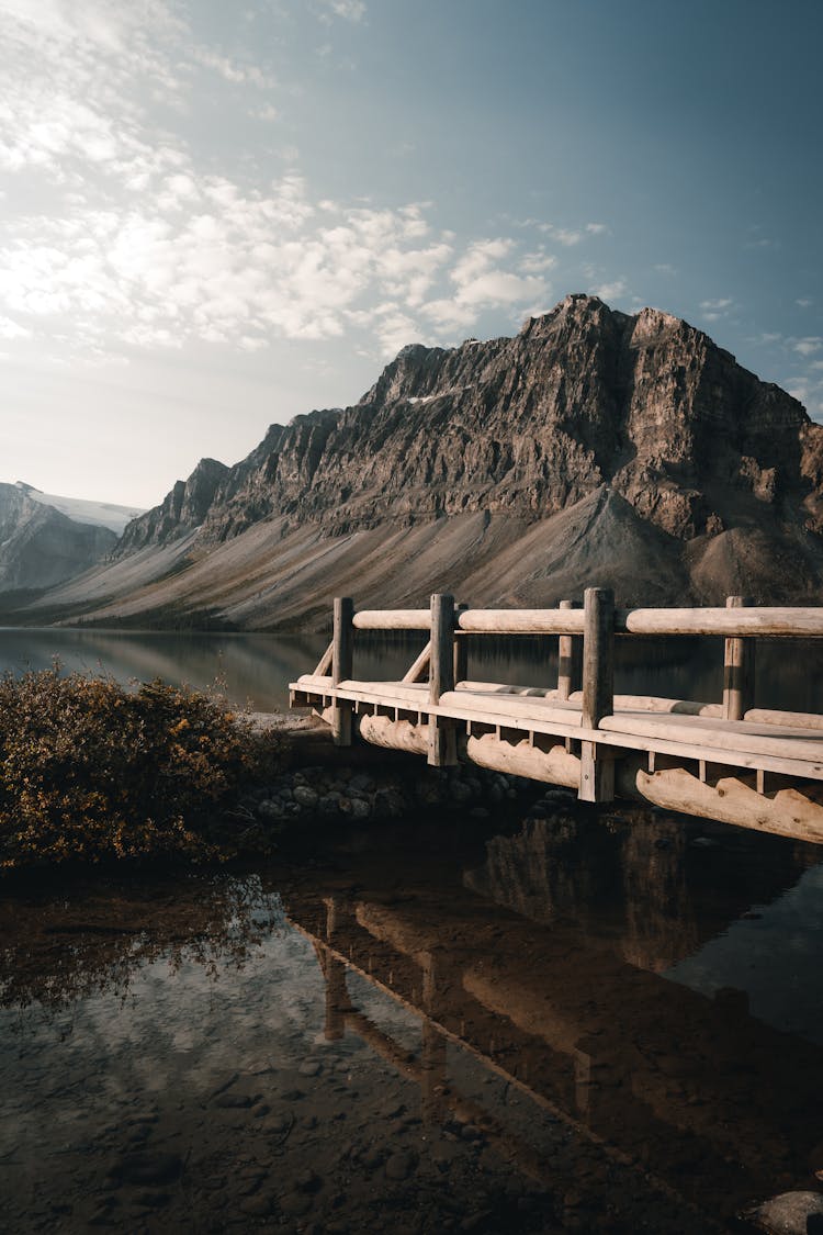 Wooden Bridge Next To Lake And Mountain