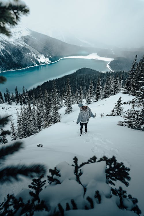 Woman Walking in Snowy Mountains 