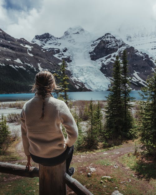 A Back View of a Female Sitting on Wooden Log and Looking at Glacier in Mountain 