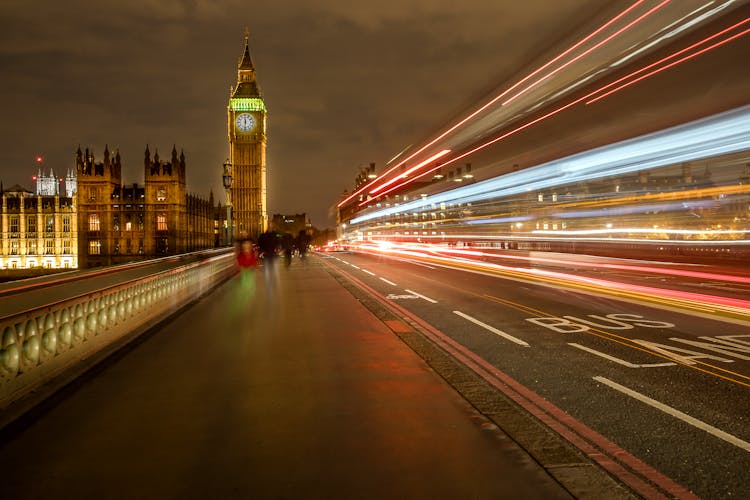 Night Traffic On Westminster Bridge and Elizabeth Tower In London, UK